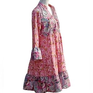 NWOT Spring Summer Dress Pink Multi-Color Silky Fabric Tiered Skirt Bell…